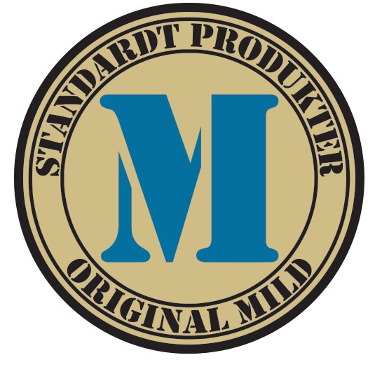 Cirkulär logotyp med ett stort blått M och texten "Standardt Mild 13kg" runtom.
