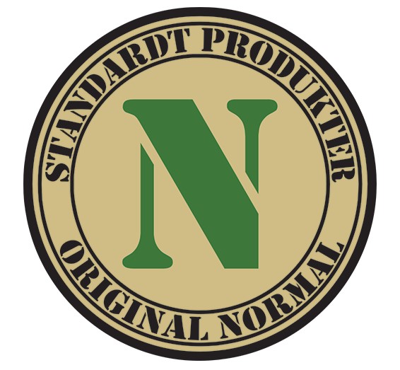 Rund bricka med stort grönt N, text: Standardt Original NORMAL 2kg.