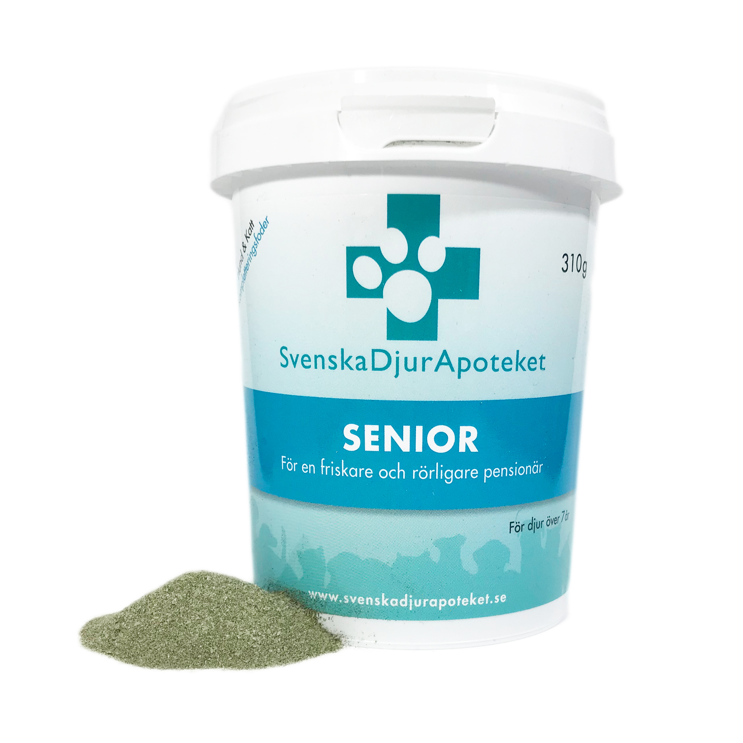 Vit tub märkt Senior 310gr med grönt pulver utspillt bredvid.