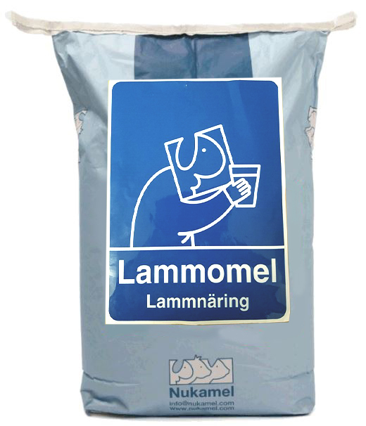 En blå Lammomel lammnäringspåse på 10 kg med en illustration av ett lamm som dricker.