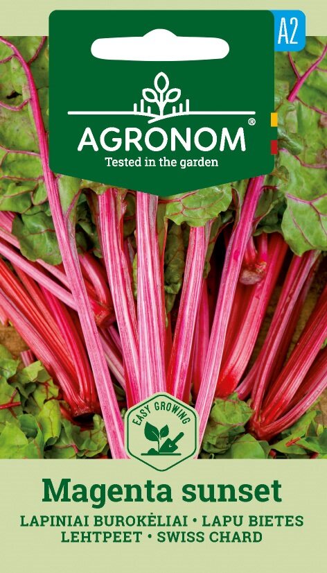 Swiss Chard, Megenta Sunset frön: gröna blad med magenta stjälkar på paketet.