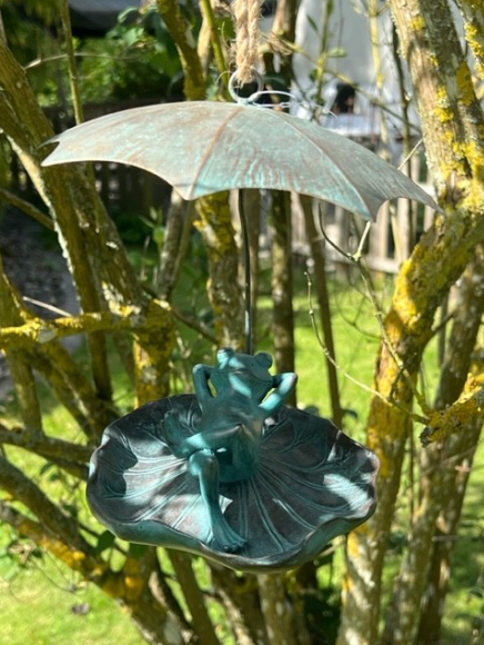 En grodfigur ligger på ett blad under ett paraply som hänger från en trädgren.