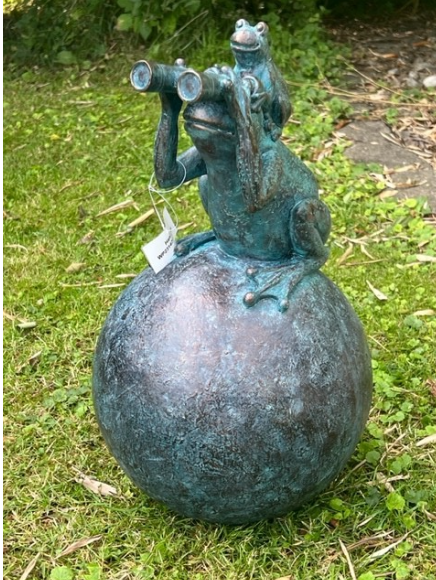 Bronsstaty "Grodor på en kula med kikare" av groda med kikare på ett klot, på gräs.