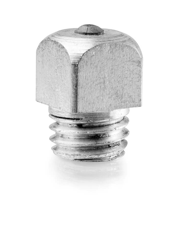 Närbild av en Brodd ask 20 st sexkantbult av metall med rundad topp och gängad bas på vit botten.