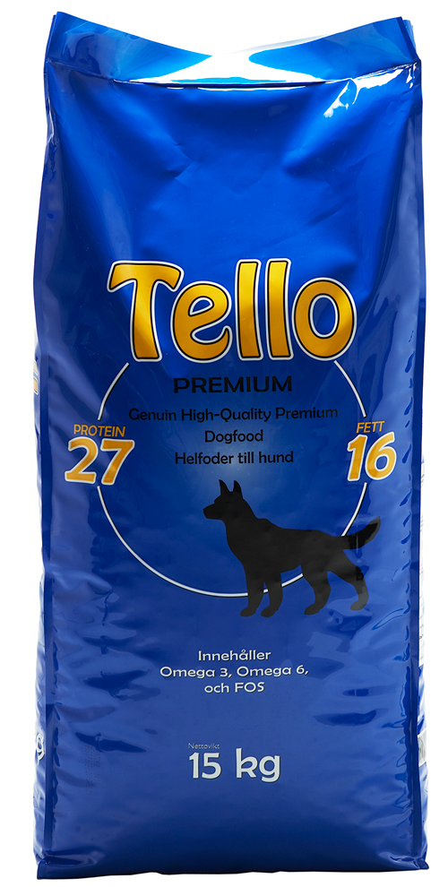 Tello Premium 15 kg hundfoder, blå påse med gul text och hundsilhuett.