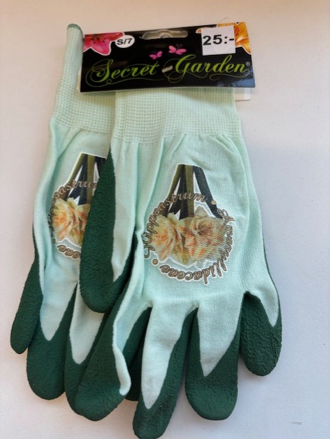 Trädgårdshandskar storlek 7, grön/vit, 25 kr.
