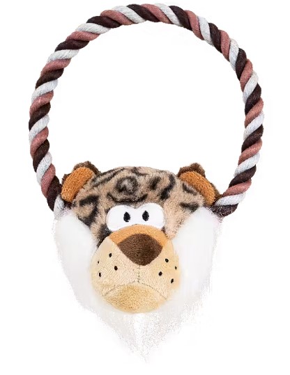 Tigersson hundleksak i plysch med leopardansikte och snodd repslinga i brunt, vitt och rosa.