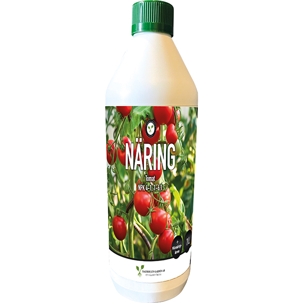 Tomatnäring 1L vit flaska med tomatbild och grönt lock; gödselmedel för tomatplantor.