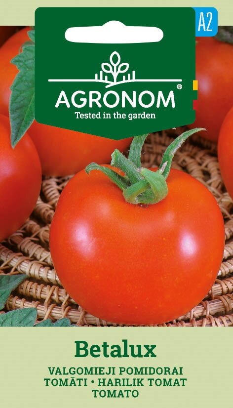 Närbild av mogen tomat, Betalux, på korgyta med fröinformation nedanför.