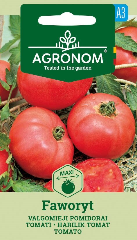 Faworyt Tomatfrön från Agronom, som visar röda tomater i en korg på förpackningen.