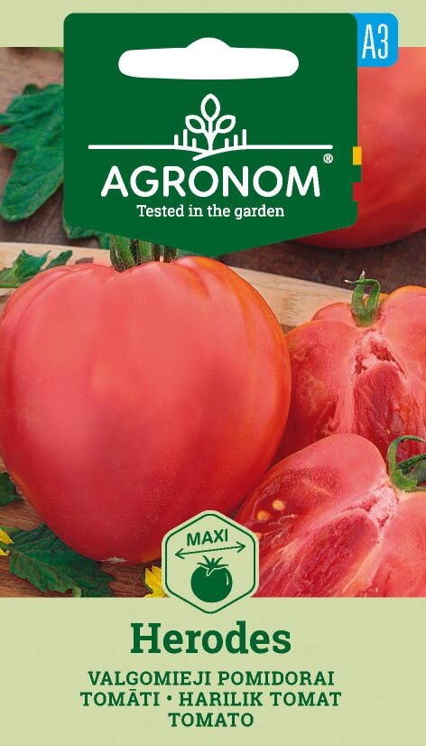 Tomat, Herodes fröpaket med stora röda tomater och AGRONOM grönt varumärke.