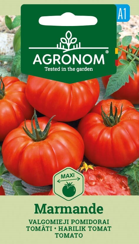 Fröpaket med Tomat, Marmande med stor röd frukt och gröna blad på framsidan.