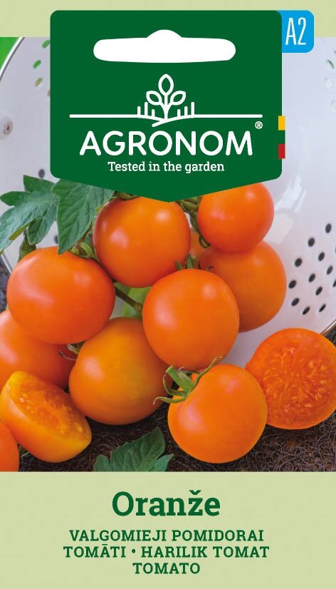 Oranze-tomater på vinstocken med blad, bredvid ett vitt durkslag.