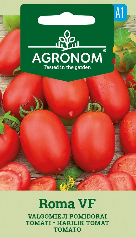 Förpackningar med Tomat, Roma Vf frön med röda tomater på framsidan.