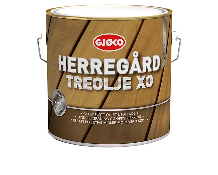 En 9L burk Träolja XO Base KLAR Gjøco träolja med träplankdesign.