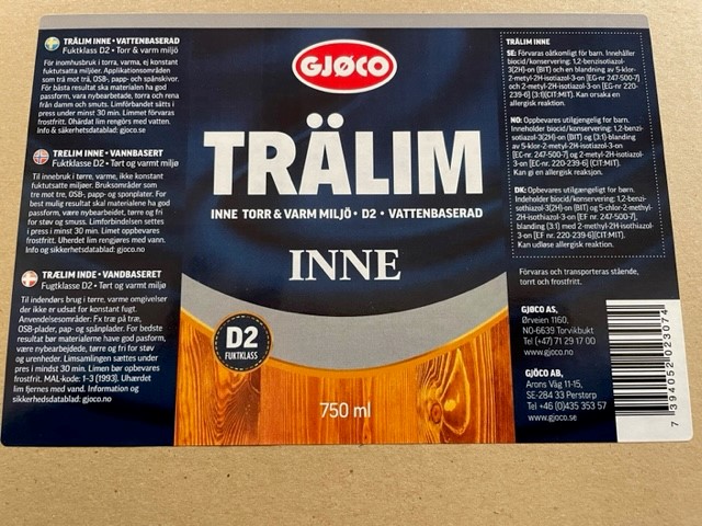 Etikett för Trälim Inne D2 trälim, 750ml, vattenbaserat, för inomhusbruk.