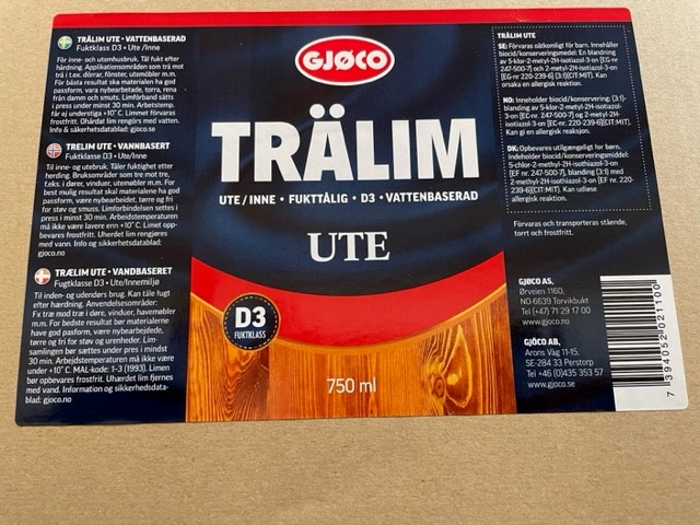 Etikett för Trälim ute D3 750ml trälim, vattenbaserat, lämpligt för utomhusbruk.