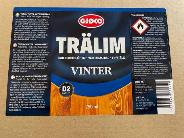 Etikett för Trälim Vinter D2-W 750ml trälim med produktinformation och säkerhetsvarning.