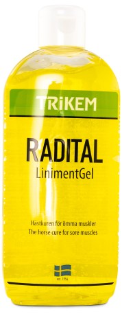 En 250 ml flaska trikem radital linimentgel för ömma muskler.