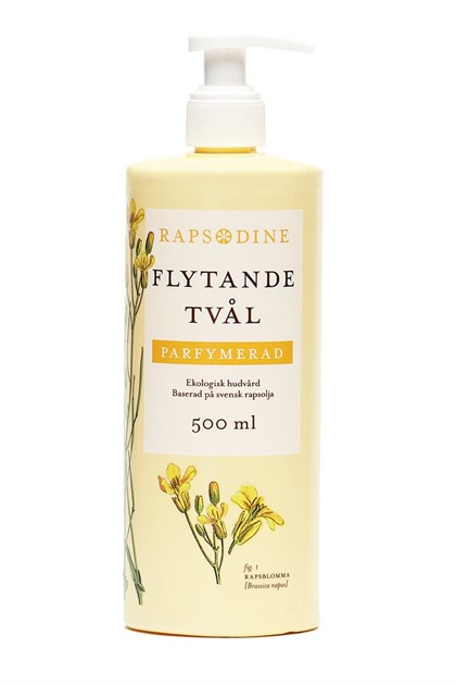 En 500 ml flaska Handtvål med gula blommor på etiketten.