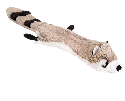 Tvättis, en platt, tvättbjörnsformad hundleksak utan stoppning, mot en vit bakgrund.