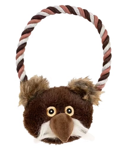 Ugglansson hundleksak i plysch med ett tvinnat rephandtag och ett sött brunt djuransikte.