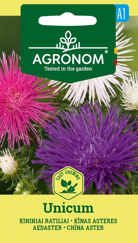 Kina Aster, Unicum Mix frön - rosa, vita och lila blommor på ett paket.