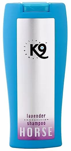 LAVENDER SHAMPOO för hästar i en blå flaska, mot en vit bakgrund.