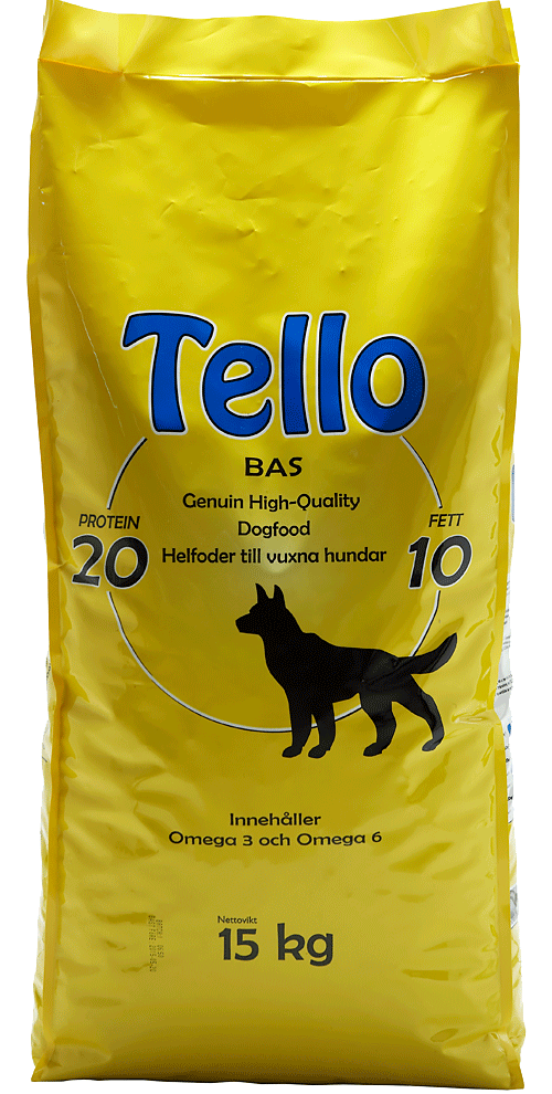 Tello Bas 15kg gul påse med svart hundsilhuett och produktinformation.