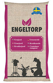 Engeltorp URNJORD 50 LITER jordpåse med trädgårdssilhuett och svensk flagga på toppen.