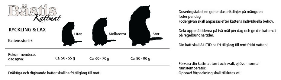 Tre svarta kattsilhuetter i olika storlekar med utfodringsriktlinjer för kattmat på svenska.