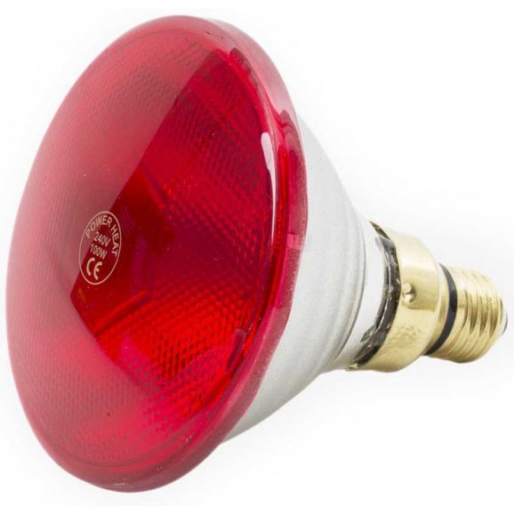 En värmelampa lågenergi röd 100w med skruvsockel i metall.