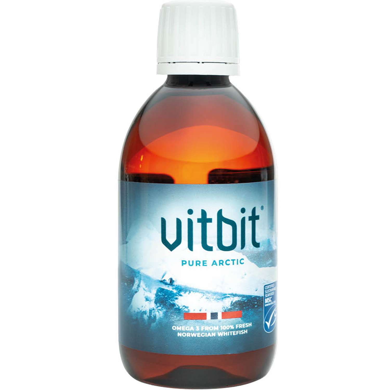 Brun flaska märkt vitbit Pure Arctic med snöiga berg på etiketten.