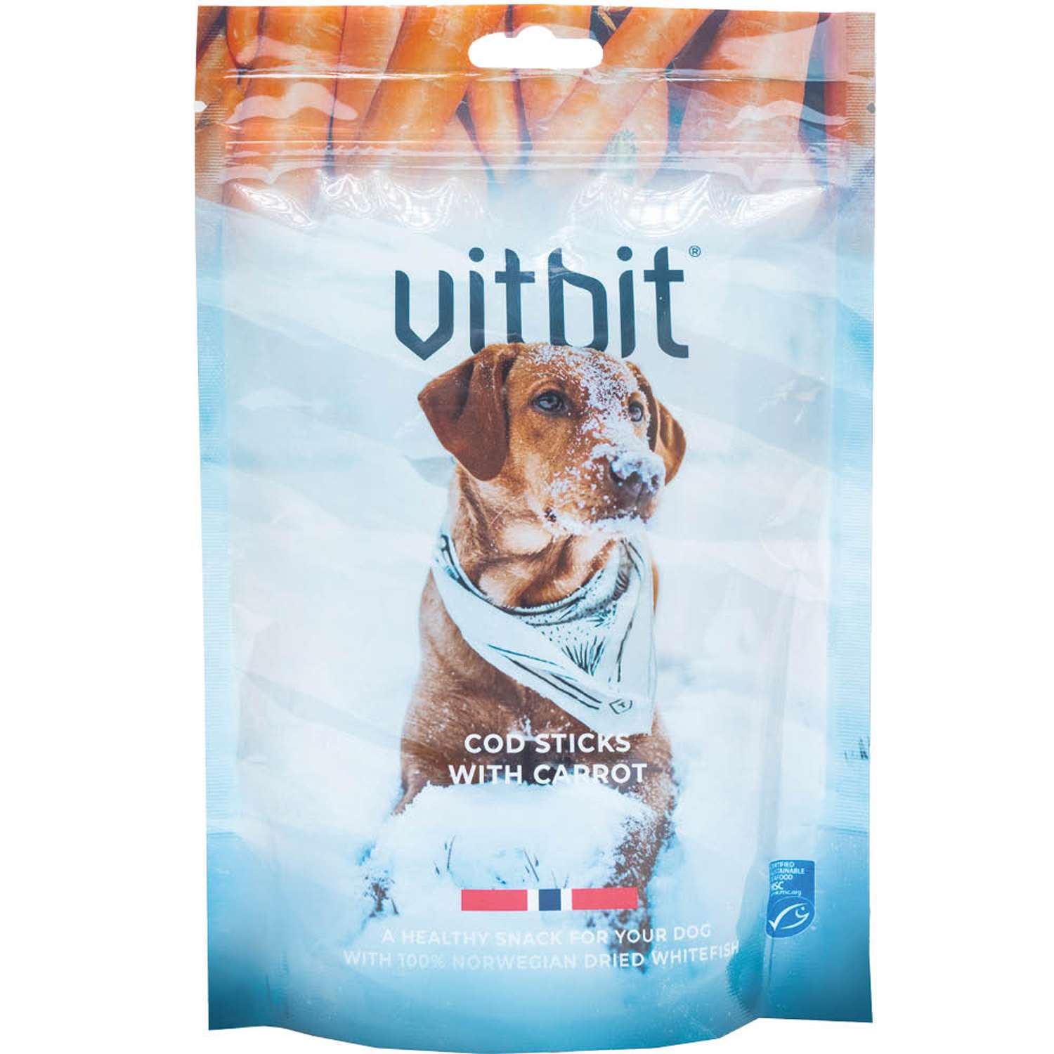 En brun hund i snö är avbildad på en Vitbit torskpinnar med morot hundgodisförpackning.