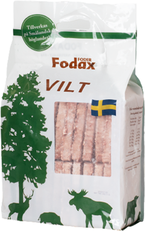 Fodax vilt 10 kg påse med gröna djursilhuetter och en svensk flagga.