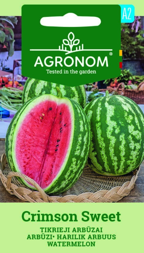 Crimson Sweet Watermelon fröförpackning med hel och skivad frukt.