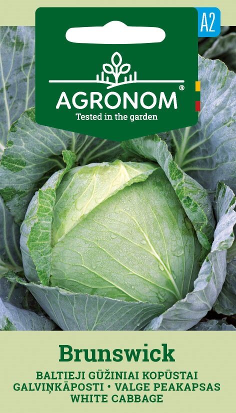Förpackning med vitkål Brunswick-frön med en närbild av ett kålhuvud.