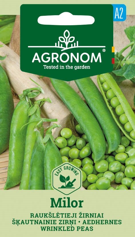 Fröförpackningen visar färska gröna ärtskidor och ärtor märkta Wrinkled Pea Milor.