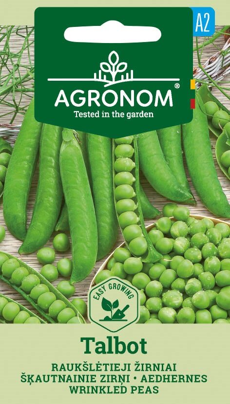 Ett paket Wrinkled Pea Talbot-frön med bilder av gröna ärtor och baljor.