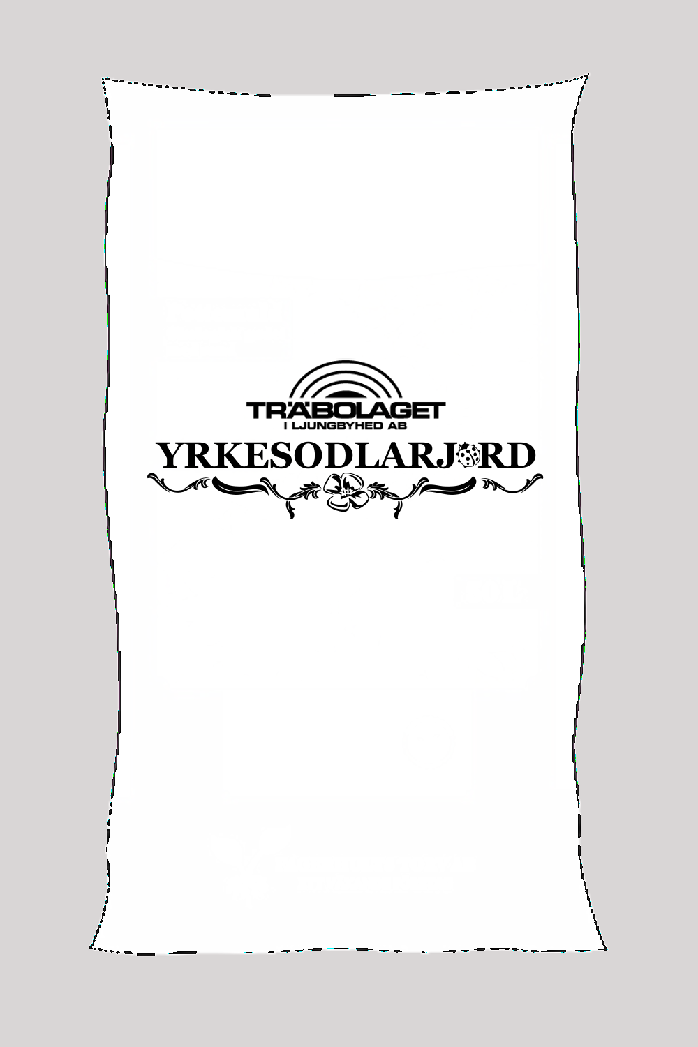 En vit påse märkt Träbolagets yrkesodlar jord 80 liter med svart text och mönster.