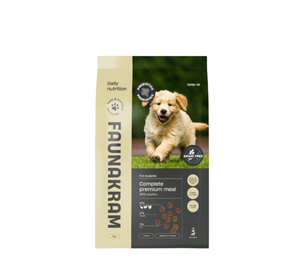 Faunakram PRO BIOT. 4kg Puppy GF Poultry 27-17 med en glad valp på bilden på förpackningen.
