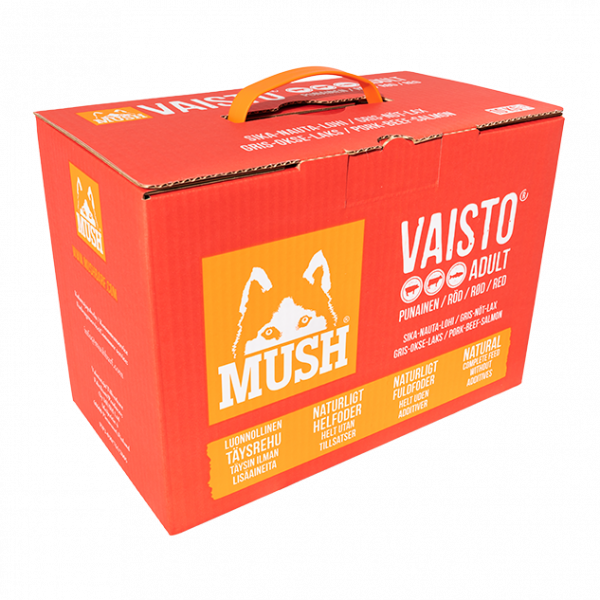 Mush Vaisto Röd 10kg i en röd låda med handtag.