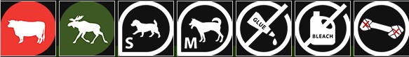 Färgade cirklar visar symboler för ko, älg, liten hund, medelstor hund, lim, blekmedel, hantel.