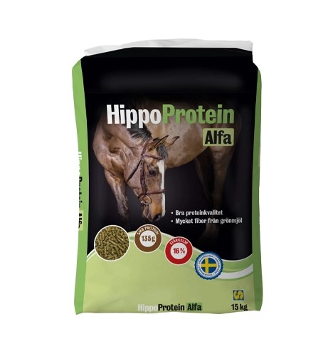 Påse med HippoProtein Alfa hästfoder med en hästbild och gröna produktdetaljer.