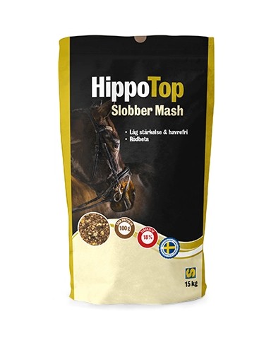 15 kg HippoTop Slobber Mash hästfoderpåse med hästbild på framsidan.