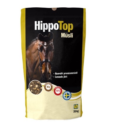 Påse med HippoTop Müsli med hästbild och gul, svart och vit förpackning.