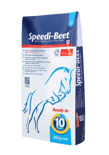 Blå och vit Speedi Beet - 20 kg påse med hästbild, klar på 10 minuter.