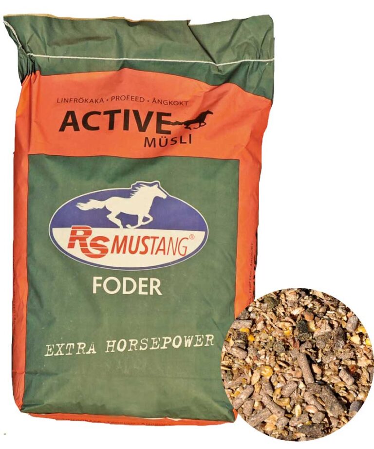 RS Mustang® Active Müsli 20 kg påse med en närbild av müsliblandningen i hörnet.