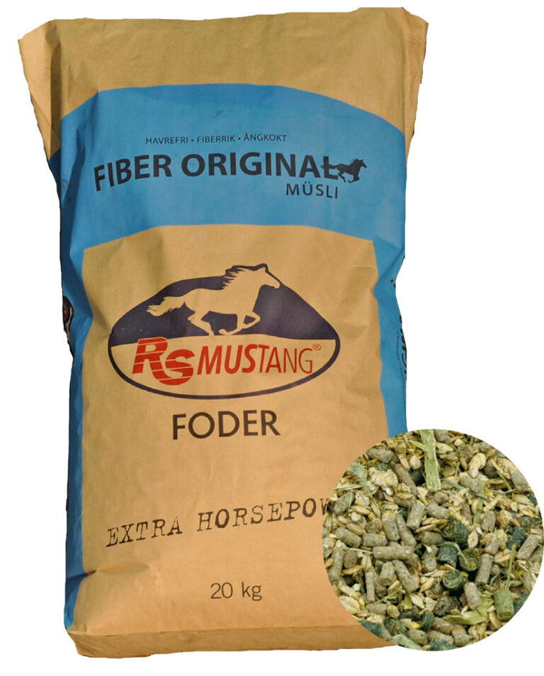 En 20 kg påse med RS Mustang® Fiber Original Müsli hästfoder med synligt foder i en cirkel.