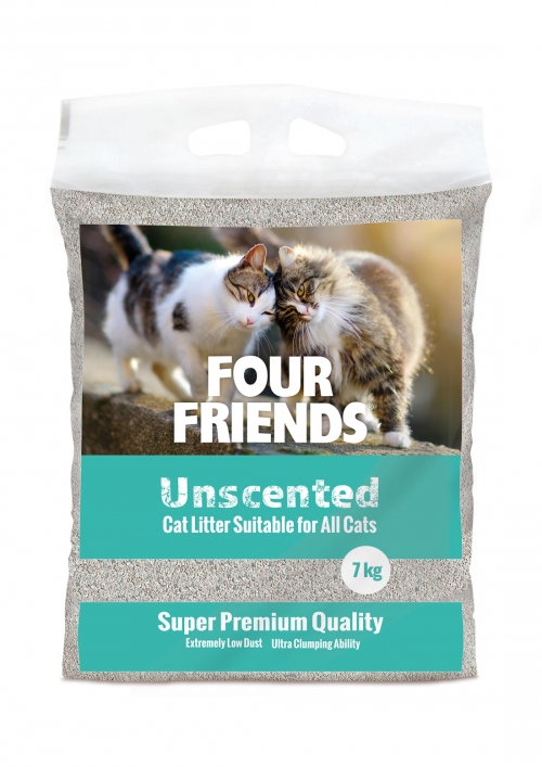 Kattsand Four friends Unscented 7 kg kattsand med två katter avbildade på framsidan.